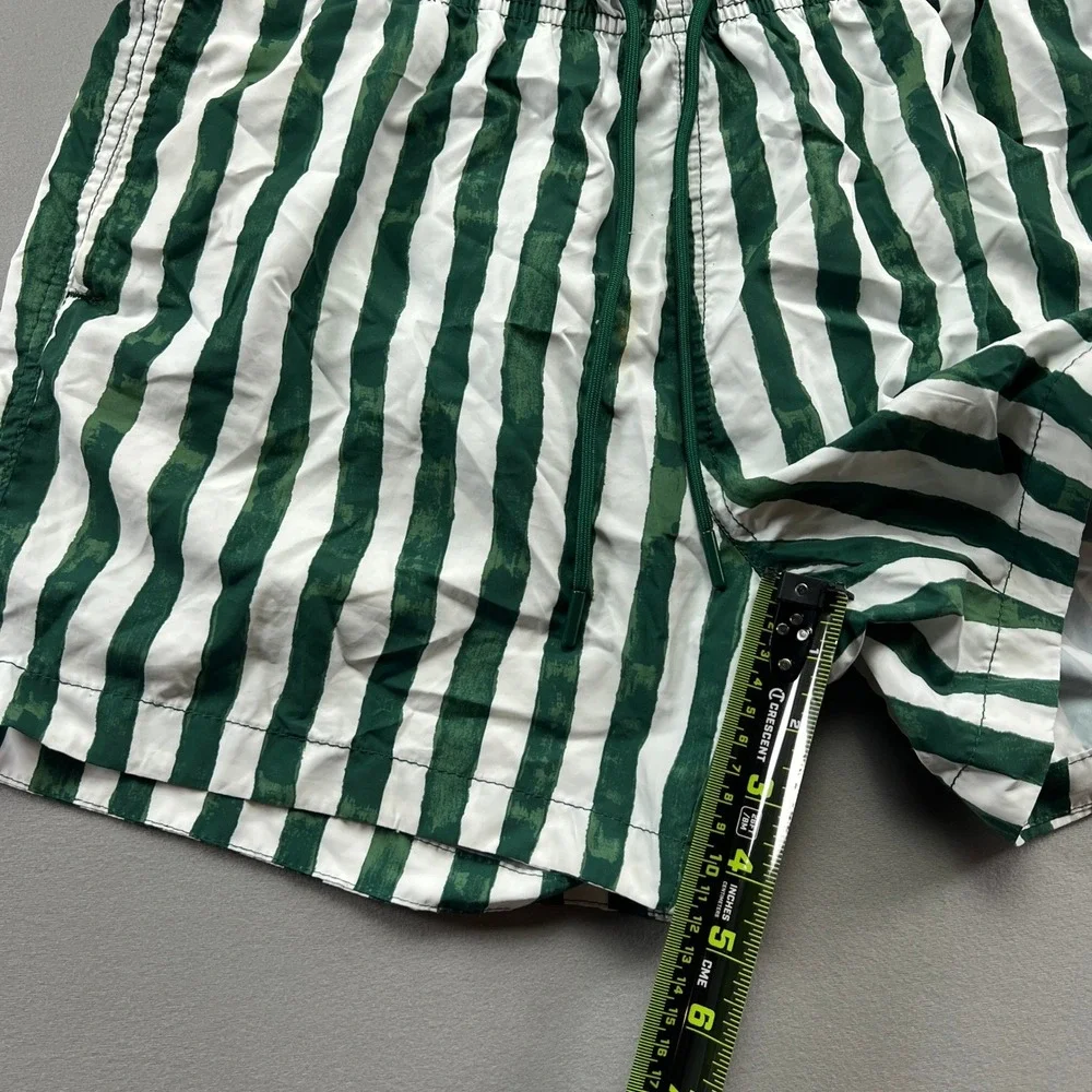 H&M Swim Shorts Mens M White Green Striped Mesh Lined Drawstring Surfing Diving